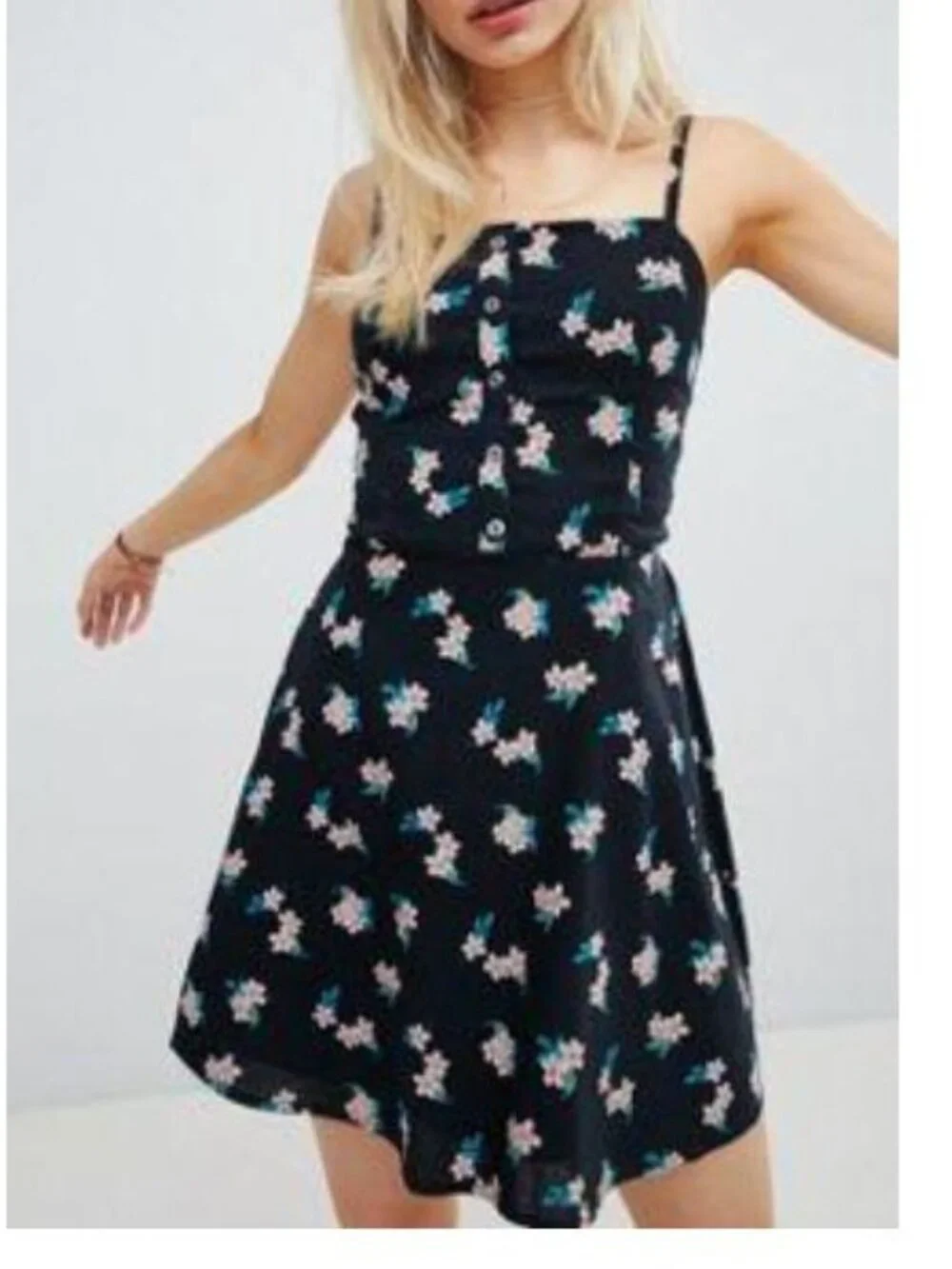 Hollister Floral Dress Navy Blue Pink Mini Strap Smocking Button Sundress XS